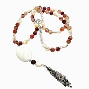 Natural Stone, Glass, Mother-of-Pearl Beads 26" Necklace Y-Drop Tassel 925 Clasp